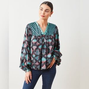 Printfresh Blue and Green Embellished Blouse with Bib Collar